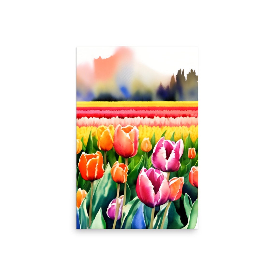 Tulips Painting Field Of Tulips Watercolor Art Print Spring Landscape Wall Art Field Of Spring Flowers Watercolor Art Floral Landscape Print - Image 2