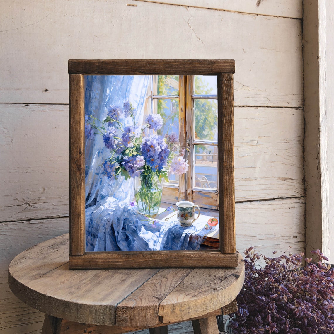 Purple Flowers In Glass Vase Sunny Window Impressionist Floral Poster - Image 2