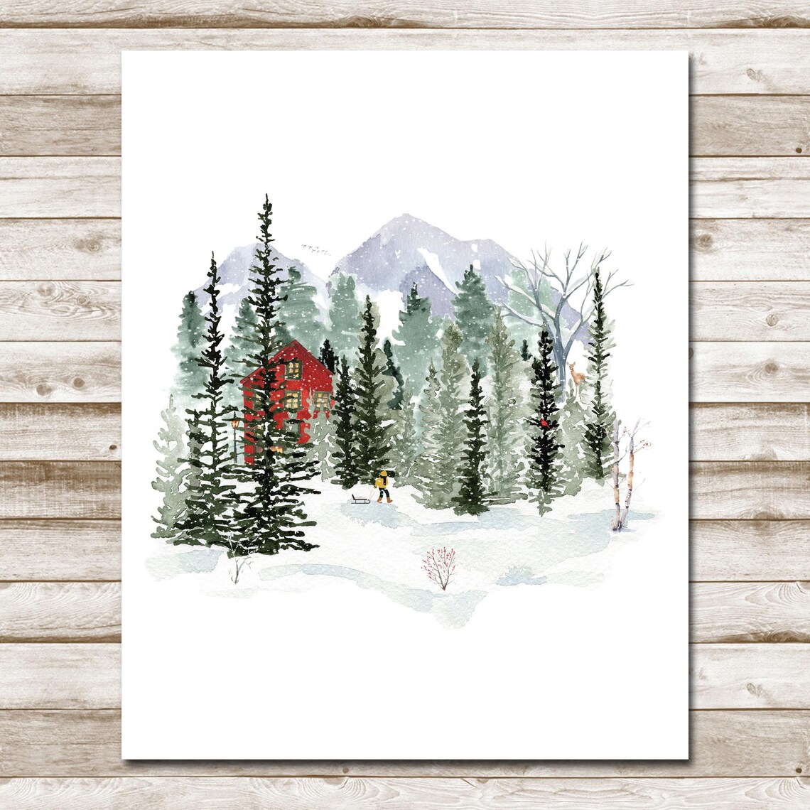 Snowy Red Cabin Watercolor Mountain Woodland Winter Landscape Poster - Image 10
