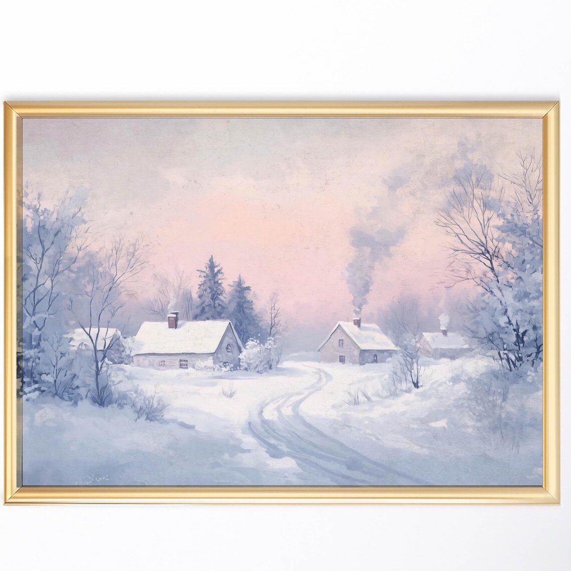 Pastel Winter Village Snowy Cottages Pink Sky Christmas Print - Image 8