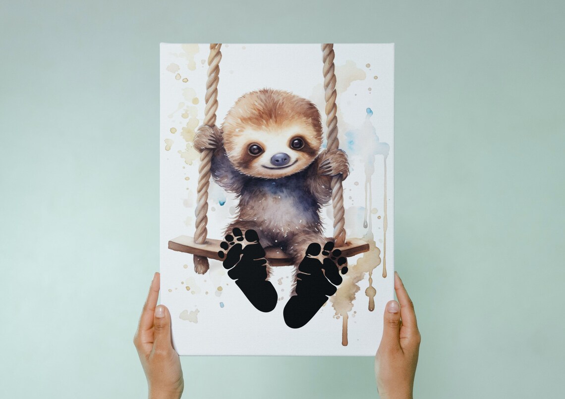 Baby Footprint Picture Sloth On Swing Art Print - Image 3