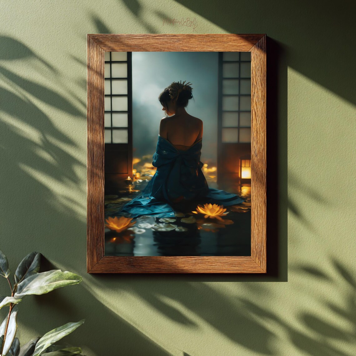 Woman in Blue Kimono by Candlelit Water Lantern Oil Painting Print