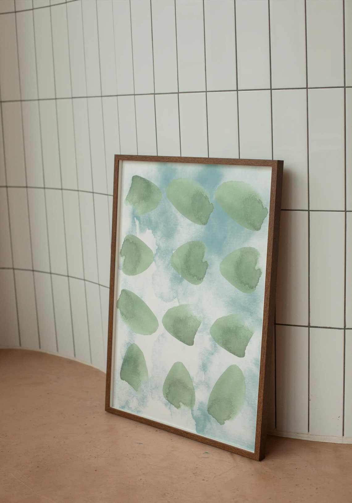 Green Watercolor Stones Poster Abstract Pebble Grid On Blue Wash - Image 2