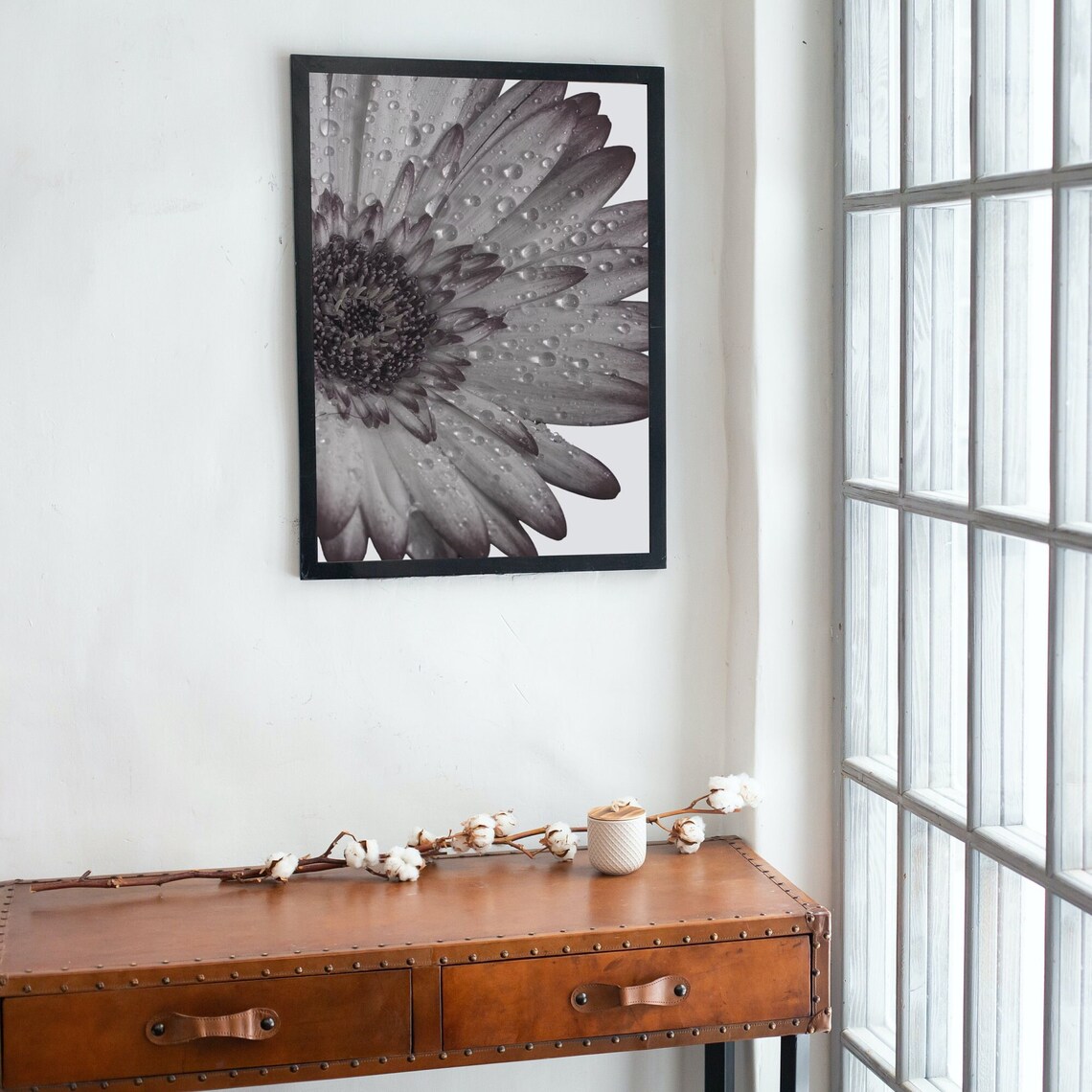 Daisy Close Up Poster Raindrops On Petals Black And White Art - Image 3