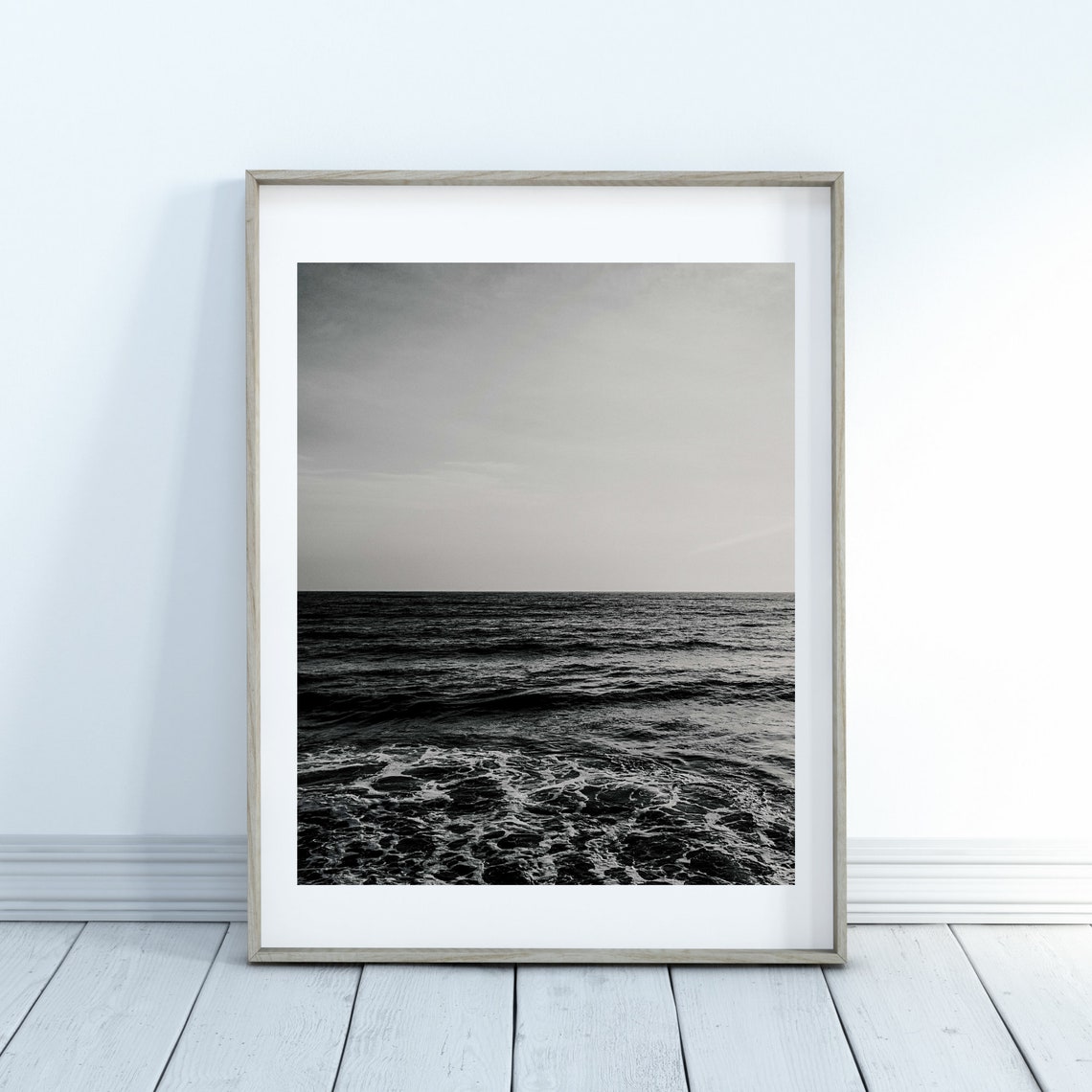 Black And White Ocean Poster Moody Waves Under Soft Gray Sky