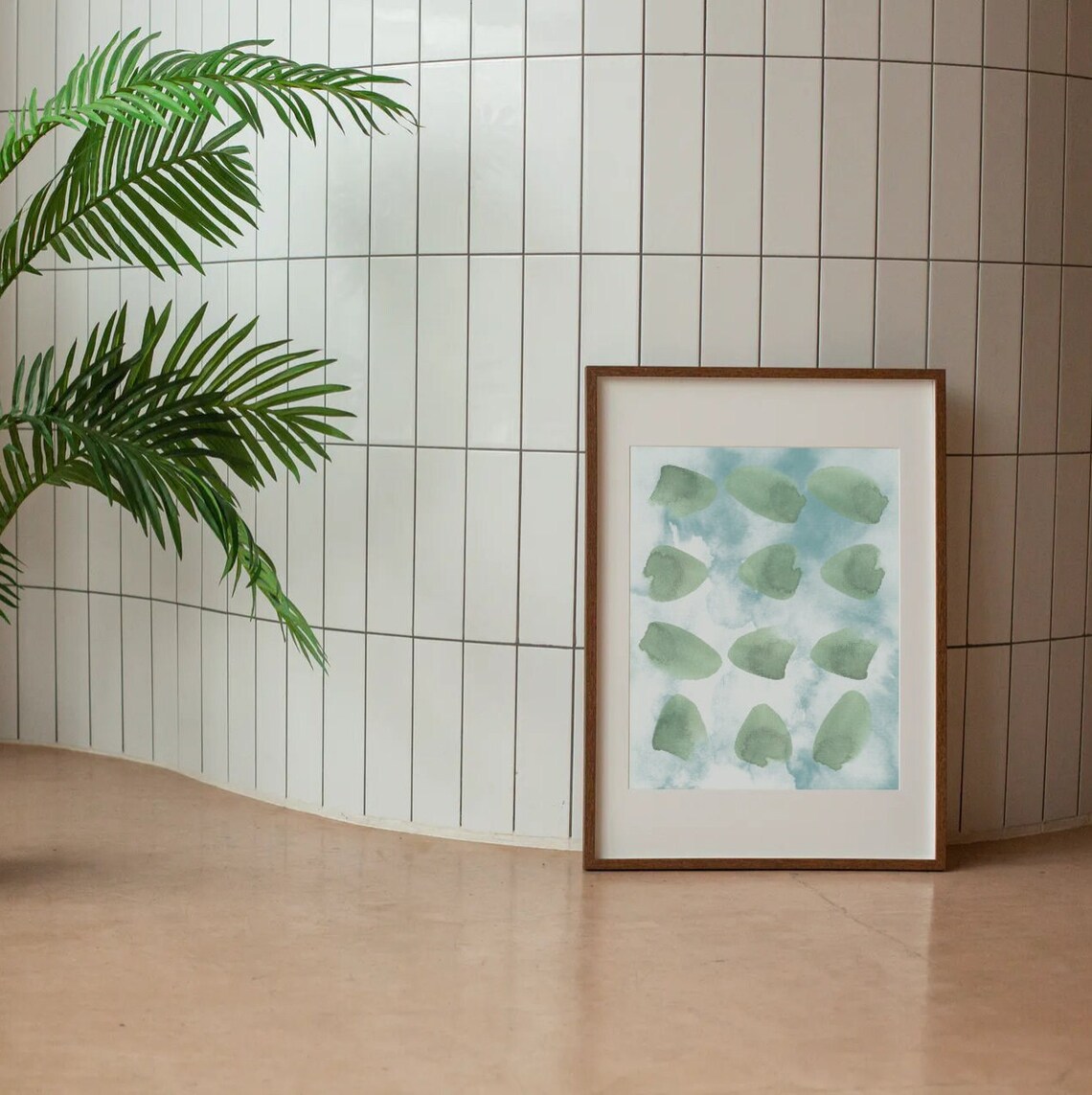 Green Watercolor Stones Poster Abstract Pebble Grid On Blue Wash - Image 3
