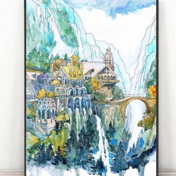 Imladris Fantasy Elves City Watercolor Art Print