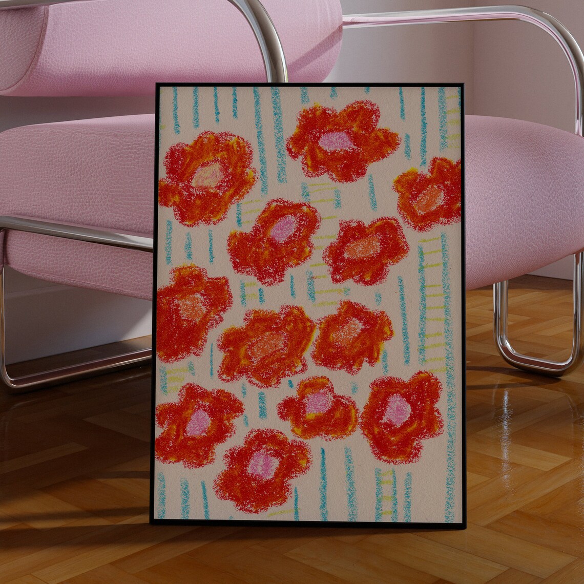 Orange Poppy Flowers Crayon Texture Striped Pattern Art Print