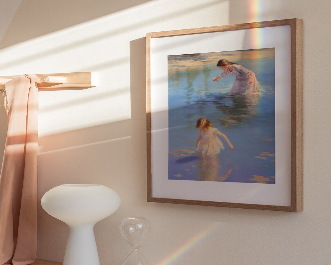 Mother and Child Wading Blue Water Impressionist Painting Poster - Image 3