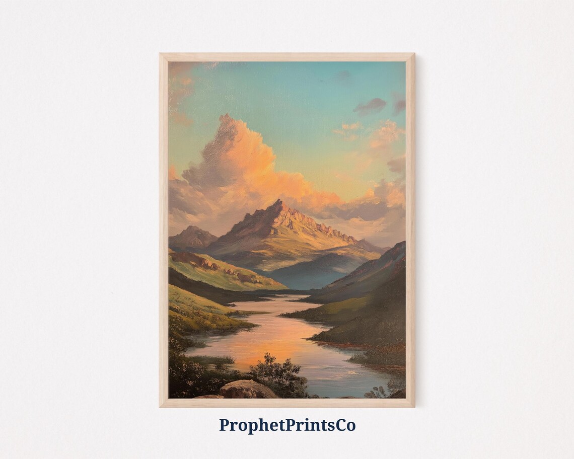 Mountain Sunset Valley Lake Teal Sky Golden Peaks Landscape Art Poster