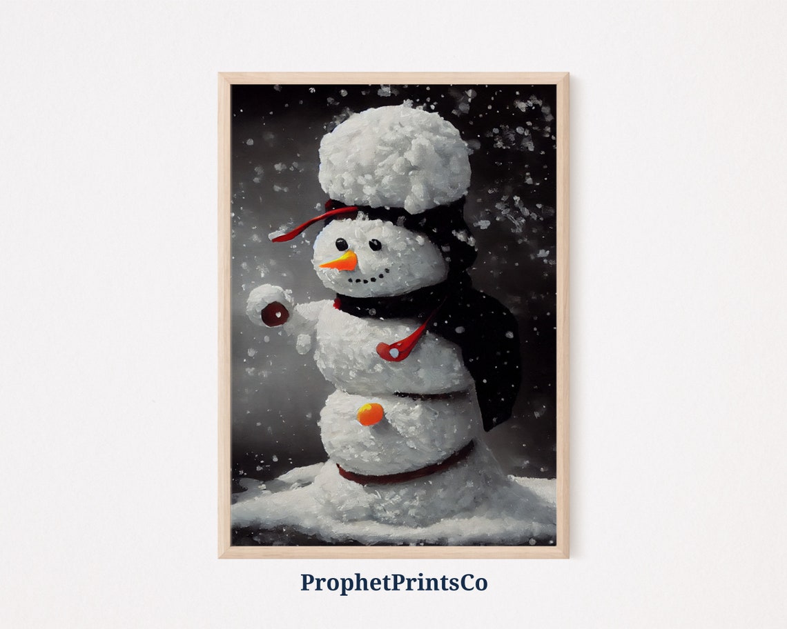 Snowman in Red Scarf Black Coat Night Snowfall Christmas Poster