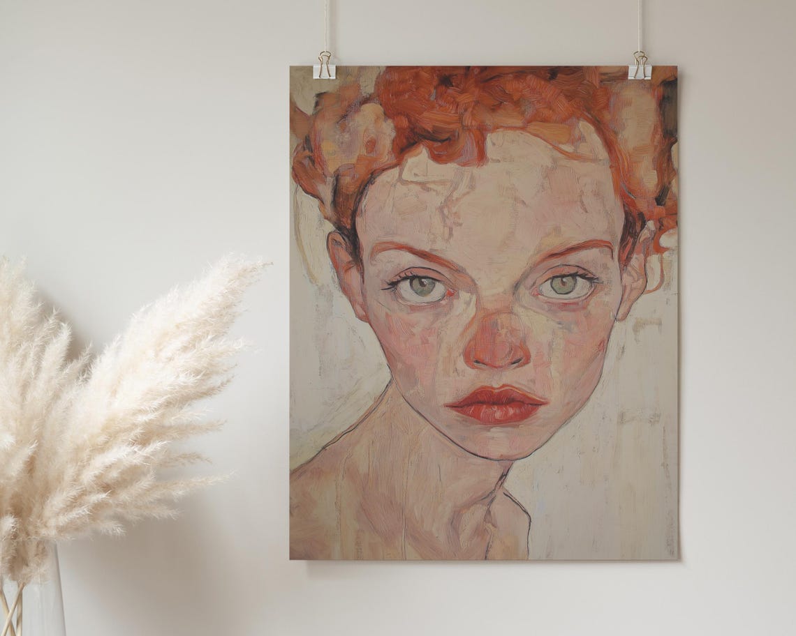 Redhead Female Portrait Green Eyes Red Lips Expressionist Art Poster - Image 2