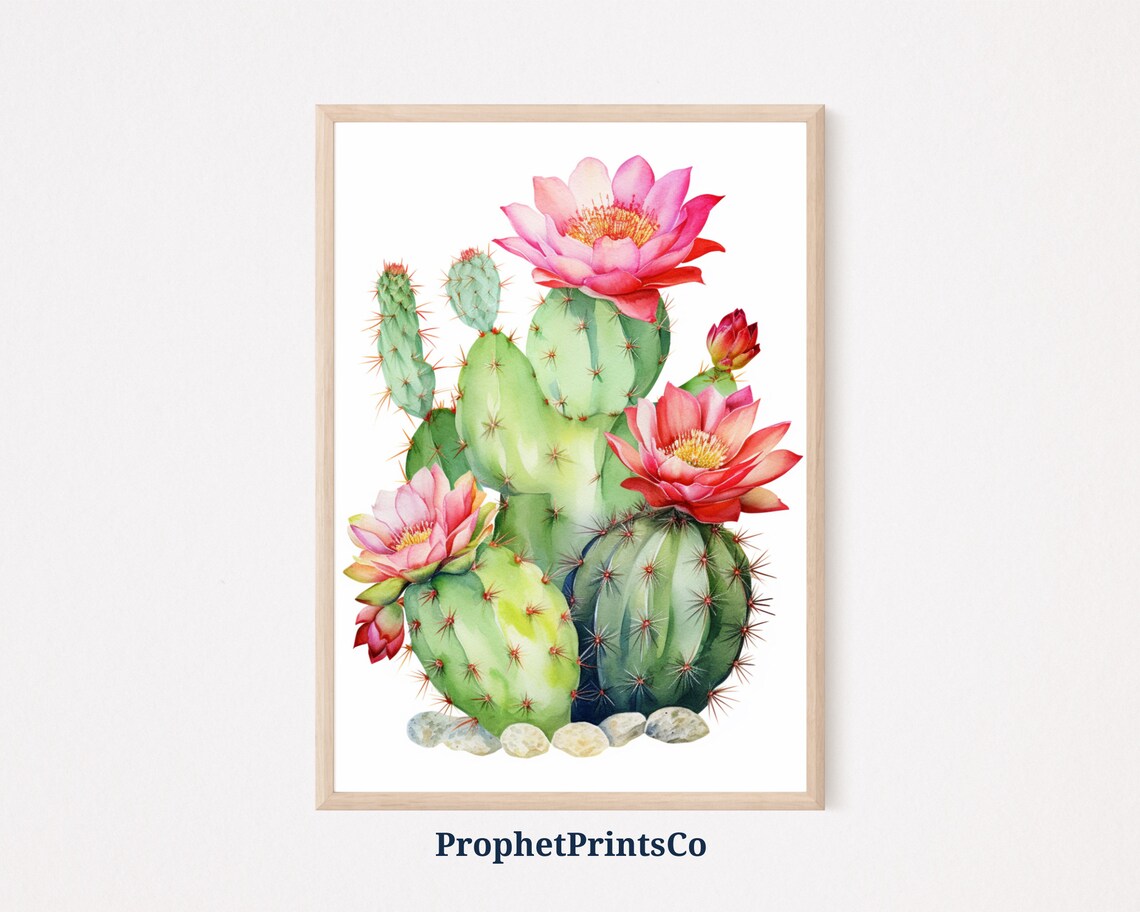 Blooming Cactus Pink Flowers Watercolor Botanical Art Poster
