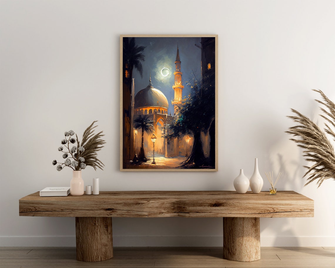 Mosque With Dome and Minaret on a Moonlit Street Painting Poster - Image 3