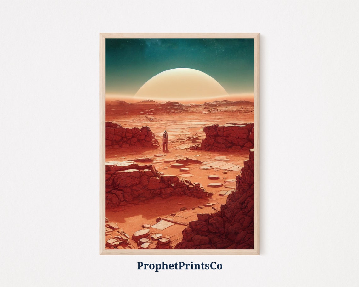 Ancient Mars Ruins with Astronaut Under Giant Planet SciFi Poster