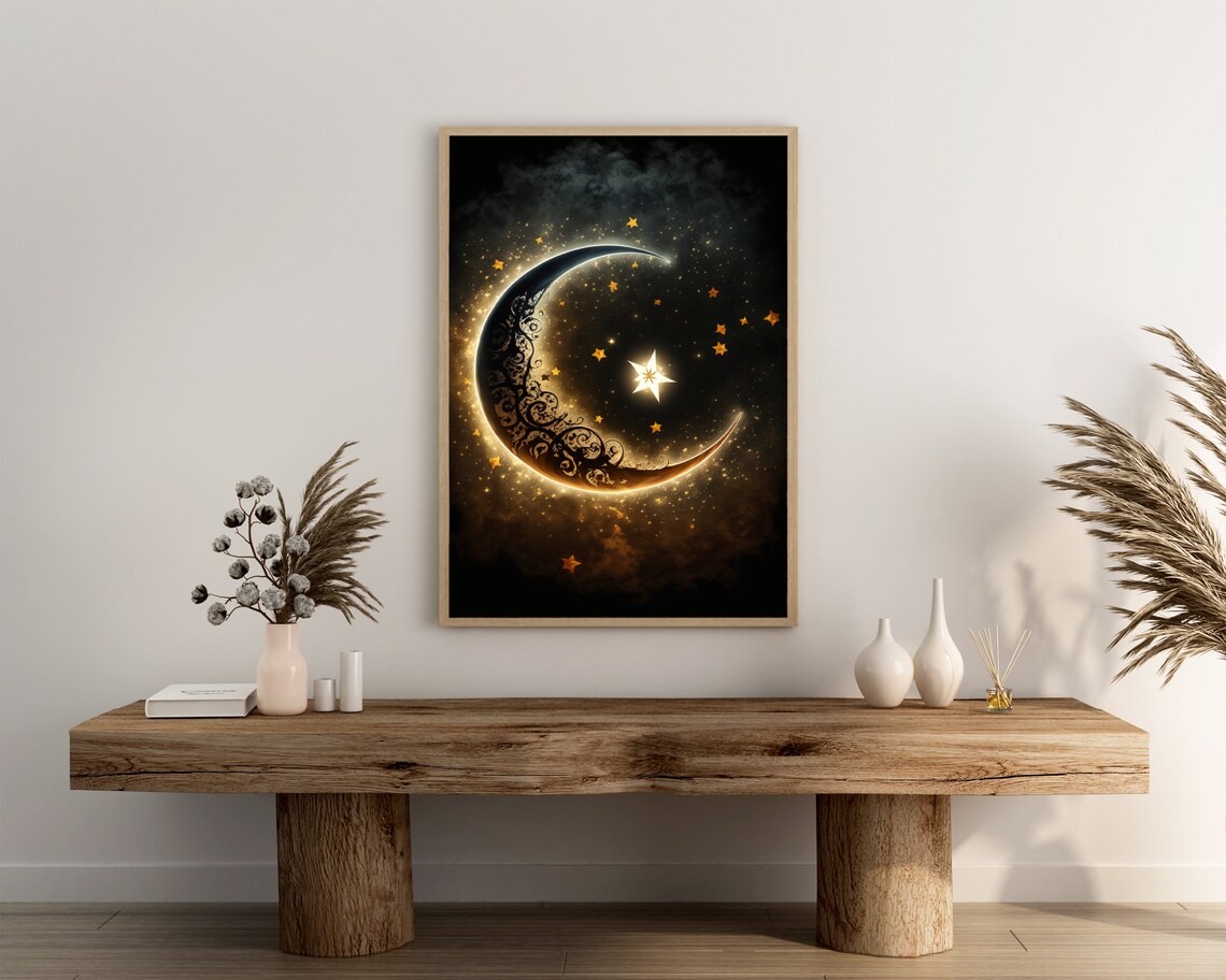 Ornate Filigree Crescent Moon With Golden Stars Night Sky Poster - Image 3
