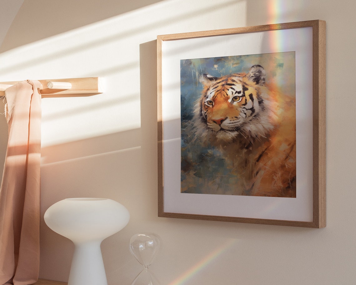 Tiger Portrait Blue Grey Background Expressive Oil Painting Poster - Image 3