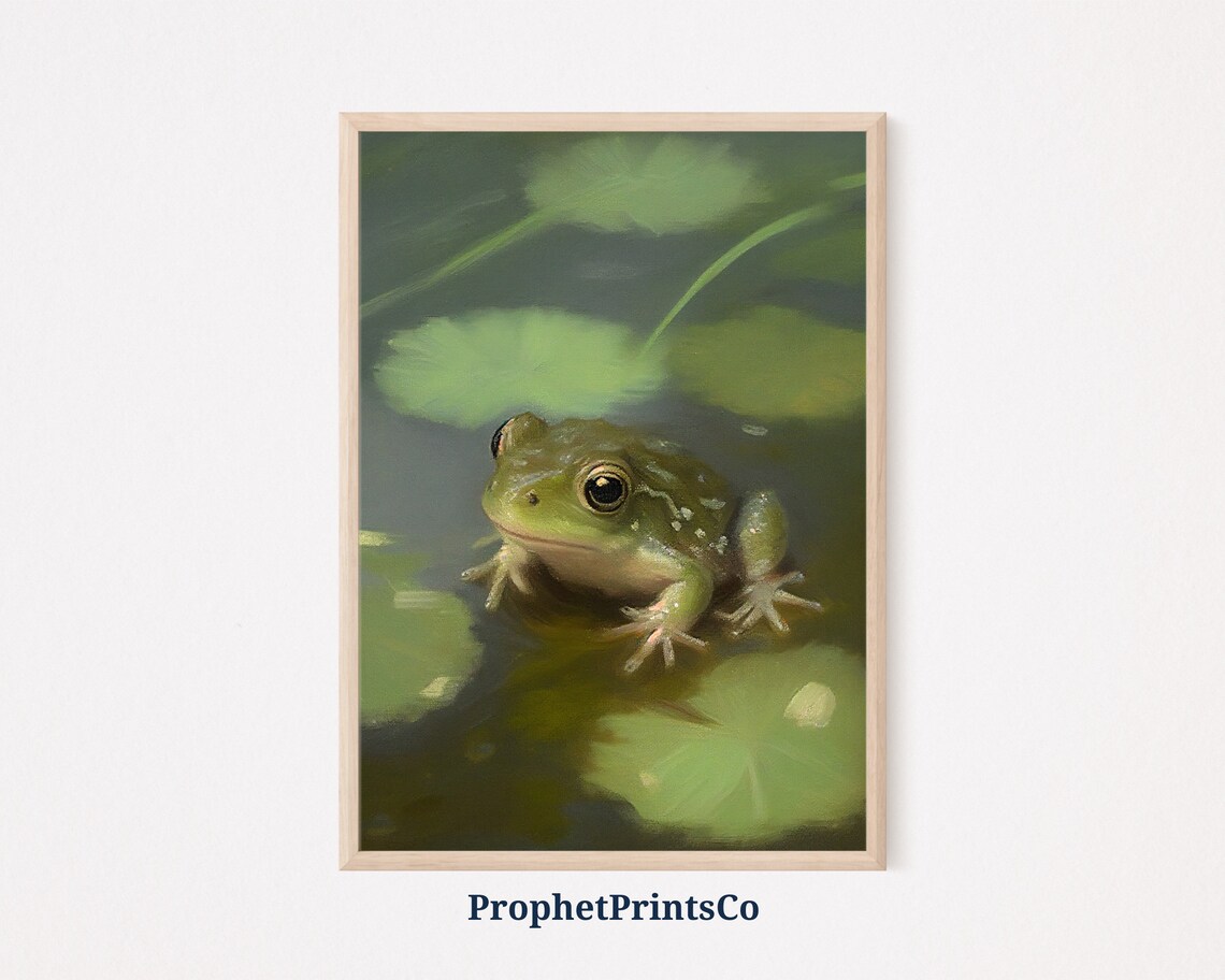 Green Frog Among Lily Pads In Sunlit Pond Peaceful Wildlife Art Poster