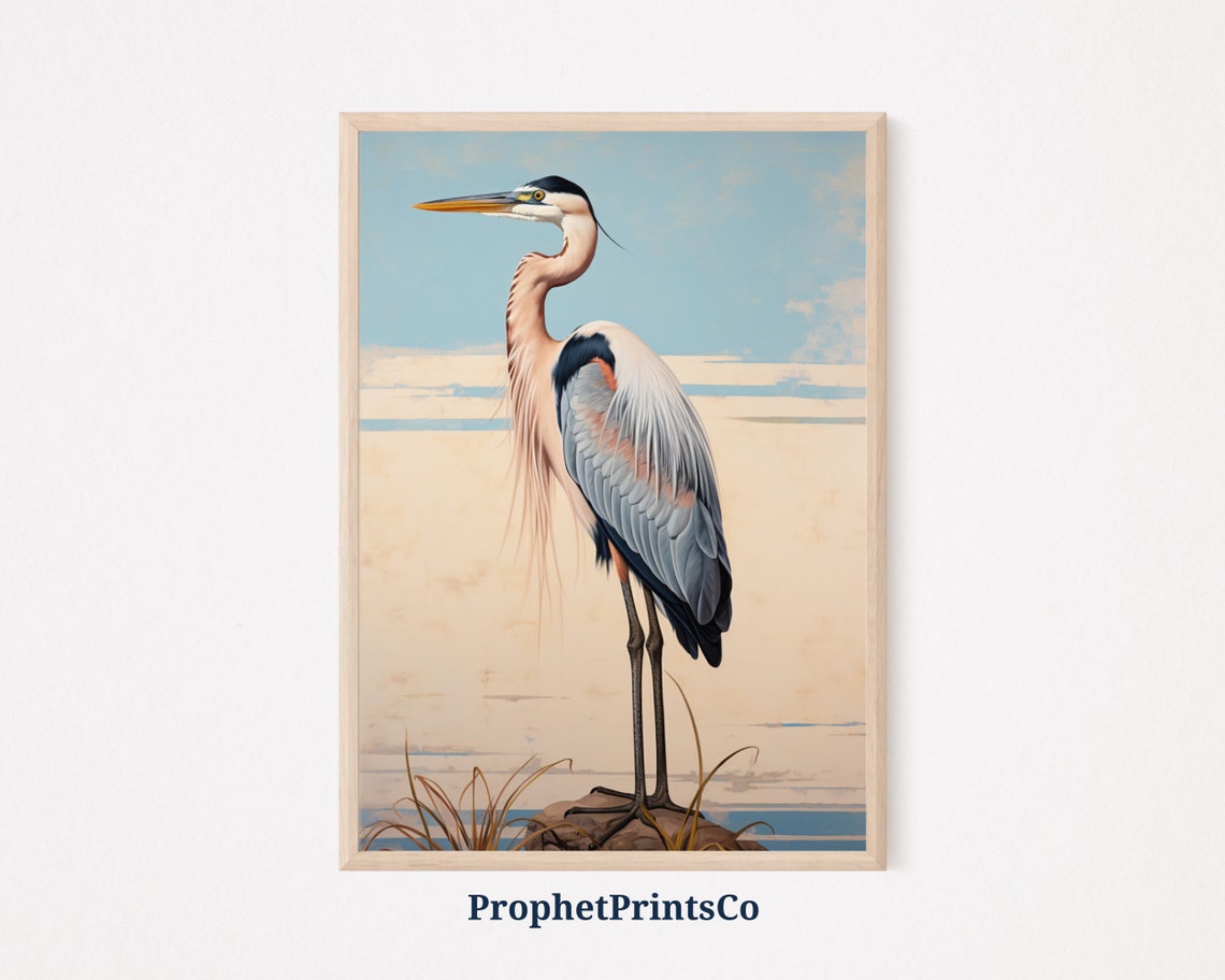 Great Blue Heron Standing By Water Vintage Coastal Bird Poster
