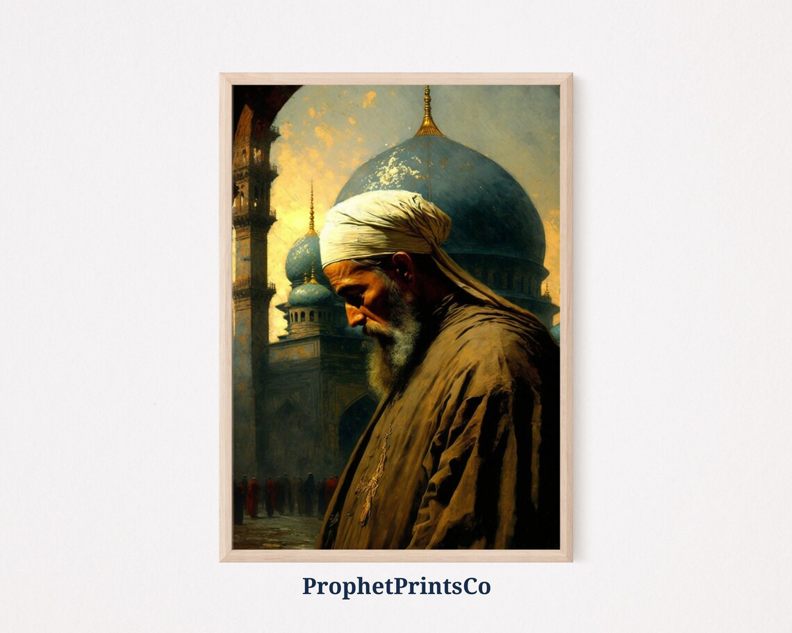 Elder with White Turban Poster Blue Dome Mosque at Dusk Oil Artwork