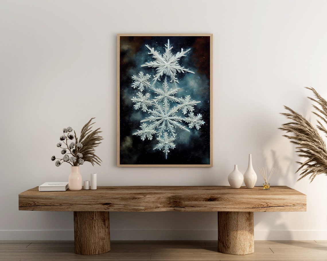 Macro Snowflakes on Dark Winter Night Oil Painting Snow Art Poster - Image 3