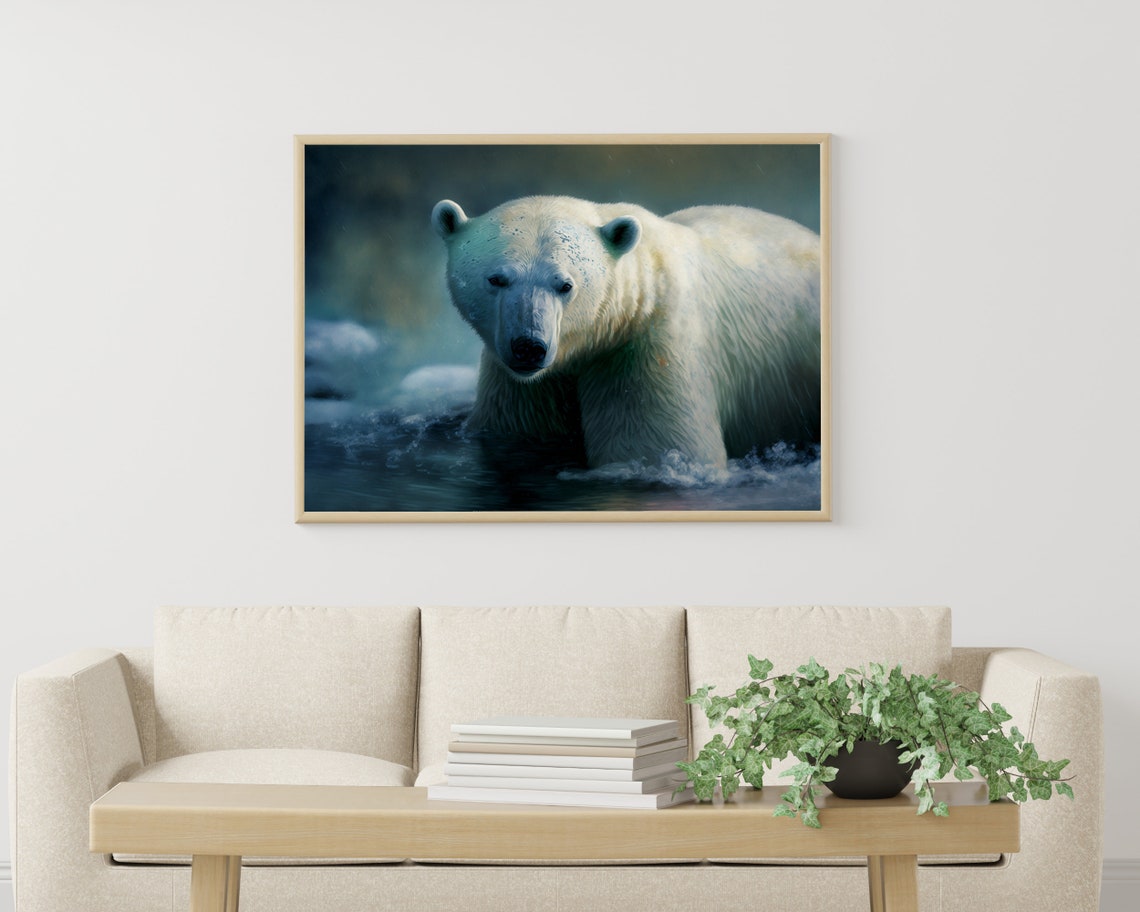 Striking Polar Bear Wading in Dark Water Wildlife Art Poster - Image 3