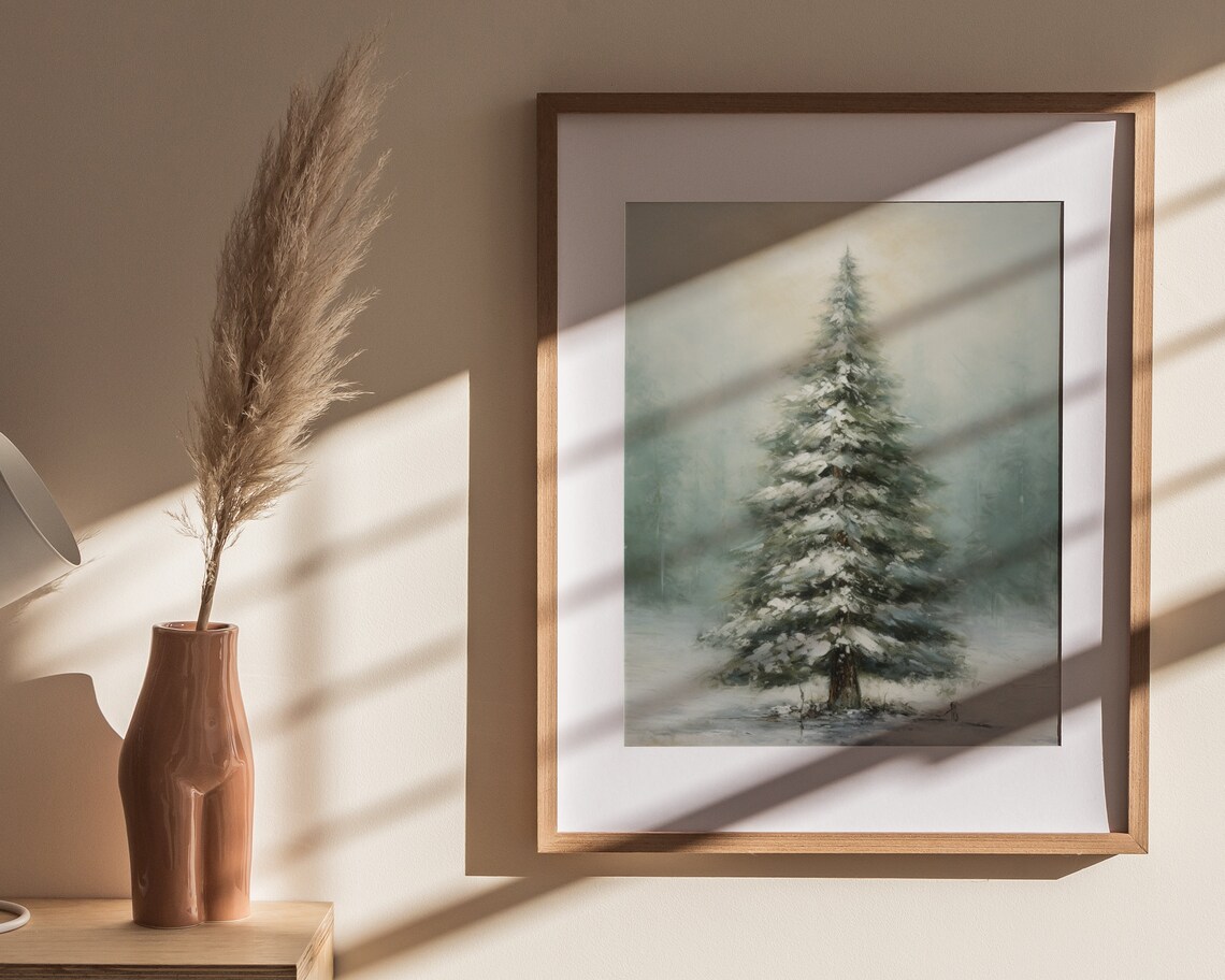 Tall Snowy Pine Tree Winter Wonderland Oil Painting Wall Poster - Image 4