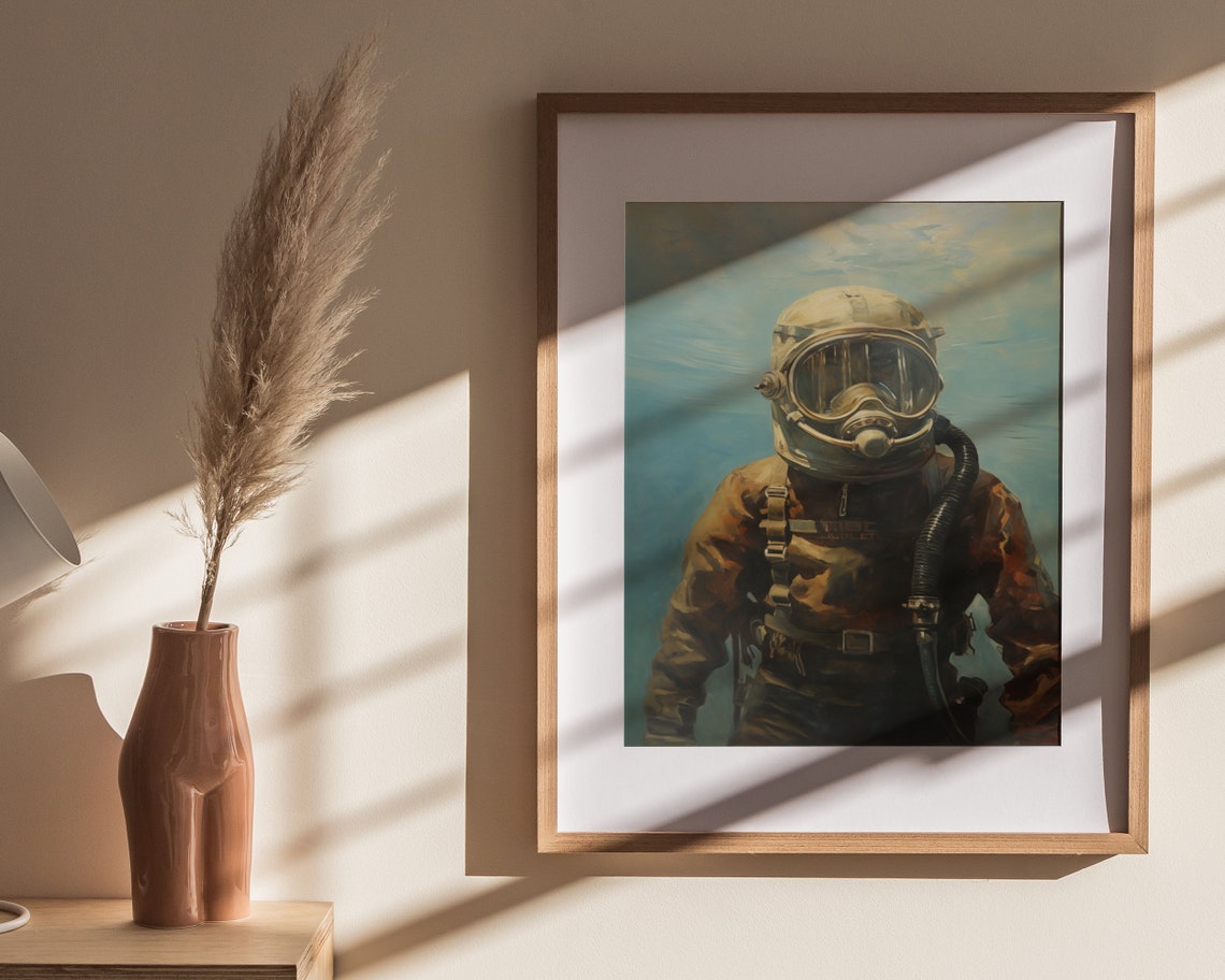 Vintage Scuba Diver Helmet Portrait Underwater Painting Poster - Image 4