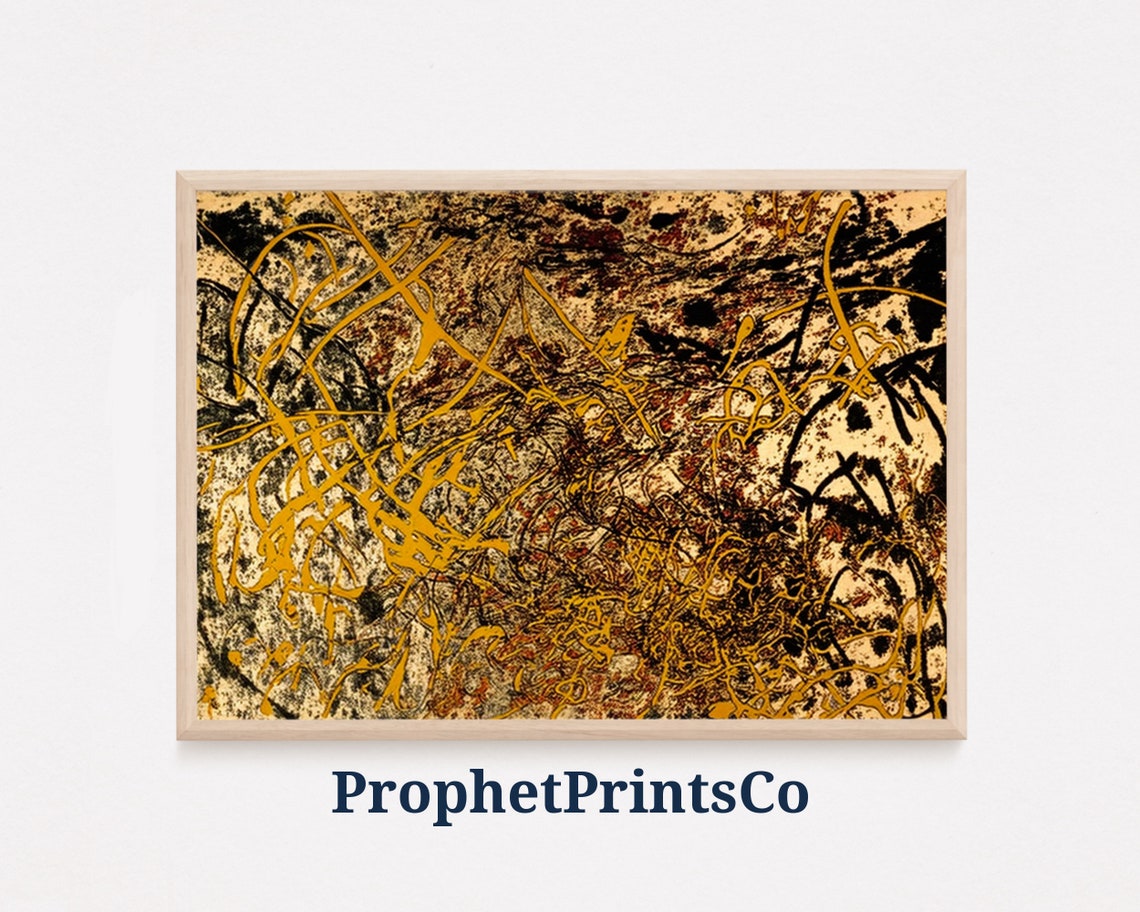 Abstract Expressionist Drip Painting Gold Black Mid Century Poster