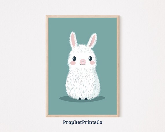Fluffy White Bunny Cartoon Teal Background Cute Nursery Decor Poster