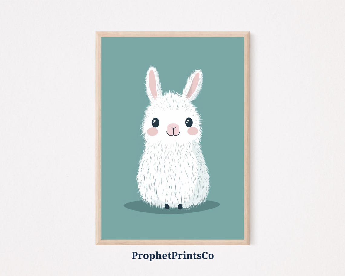 Fluffy White Bunny Cartoon Teal Background Cute Nursery Decor Poster