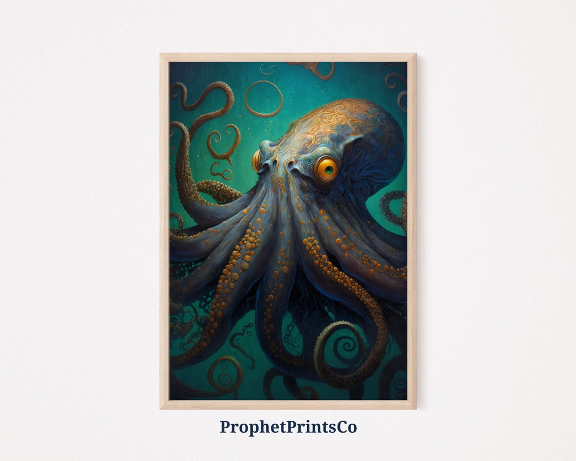 Blue Octopus with Golden Markings Poster Art Nouveau Ocean Design