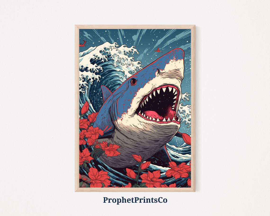 Great White Shark With Wave And Flowers Japanese Pop Art Poster