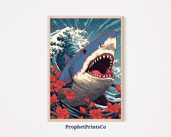 Japanese Shark Poster Print Colorful Shark Wall Art Japan Pop Art Shark Shark Pop Home Dcor Wall Art