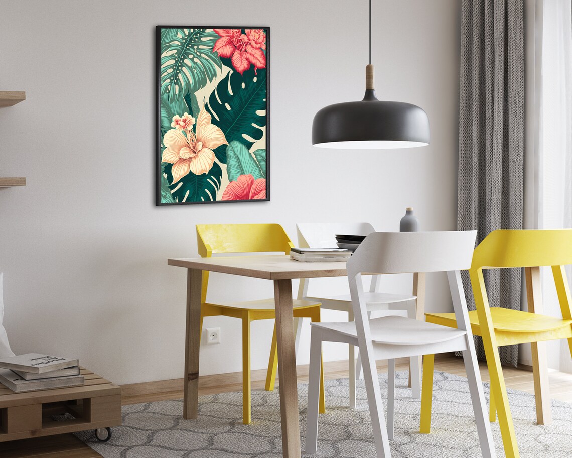 Tropical Hibiscus Floral Art Teal Monstera Coral Flower Poster - Image 2