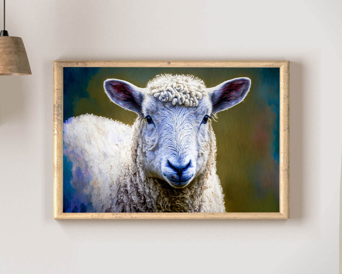 Sweet Cute White Lamb Face Portrait Painterly Farm Art Poster - Image 2