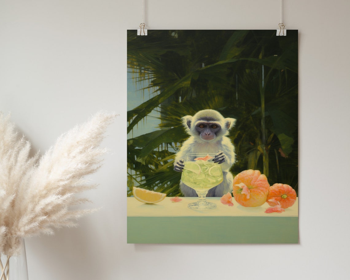 Monkey Cocktail Print Monkey Gentleman Print Retro Wall Art Cute Preppy Apartment Wall Art Wall Art - Image 2