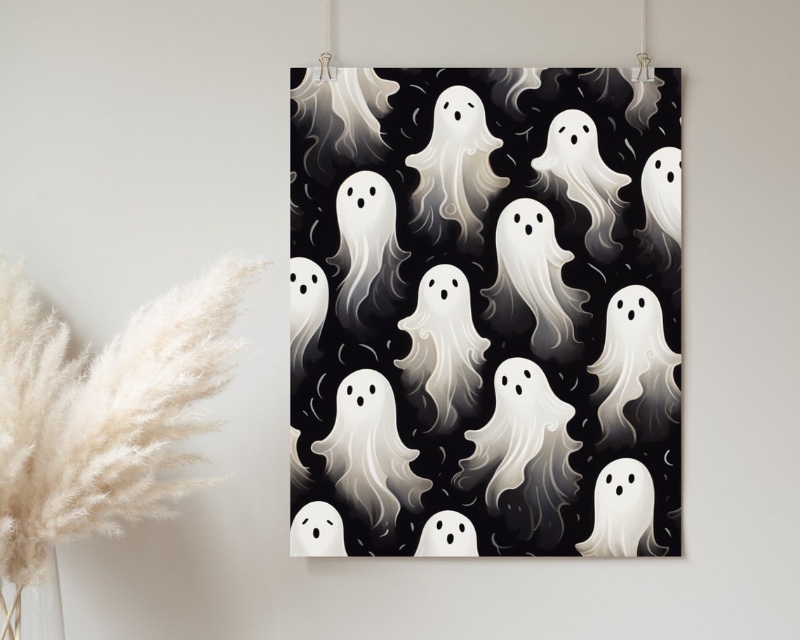 White Ghosts Floating Pattern On Black Cute Halloween Poster - Image 2