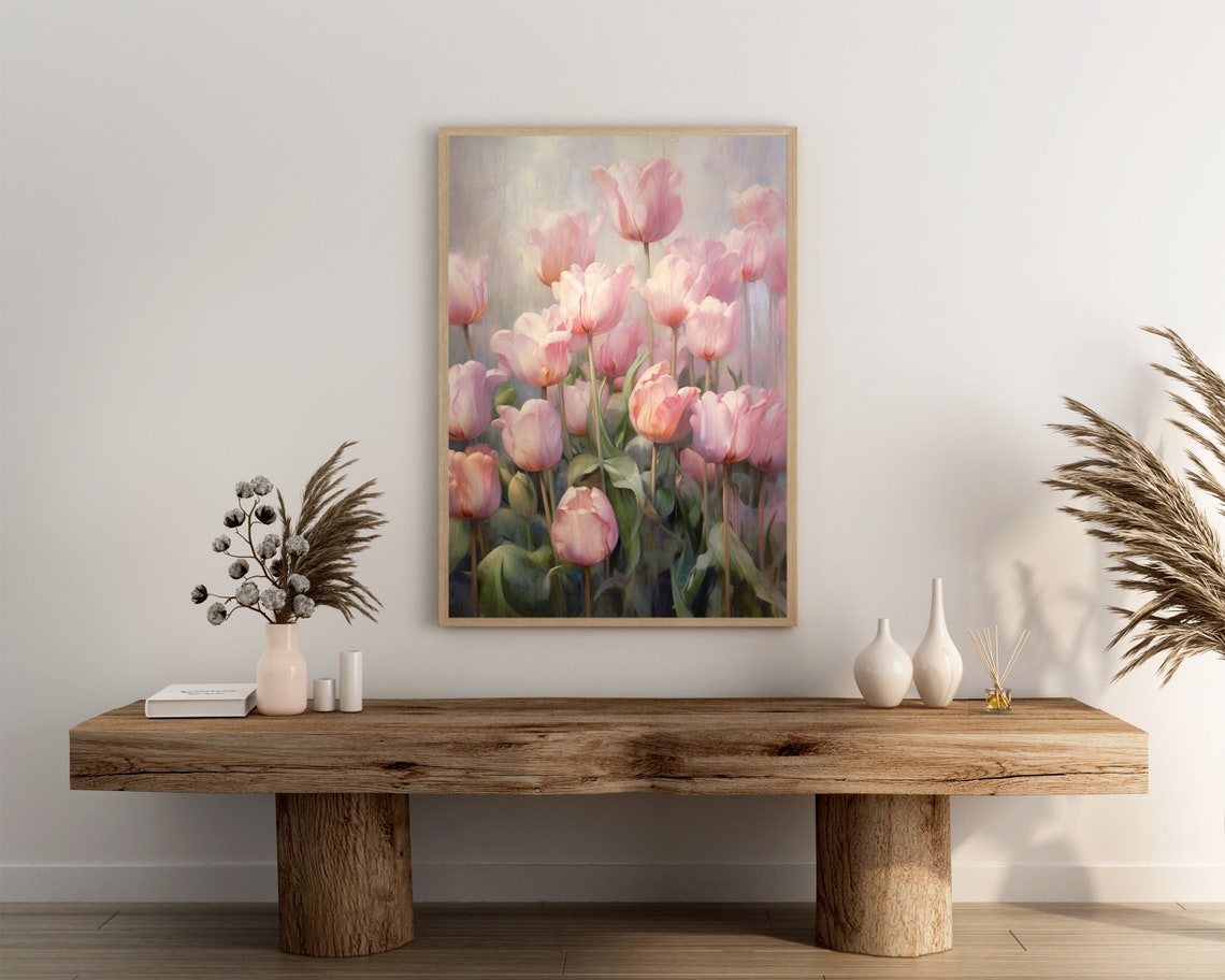 Soft Pink Tulip Oil Painting Floral Garden Botanical Spring Poster - Image 3