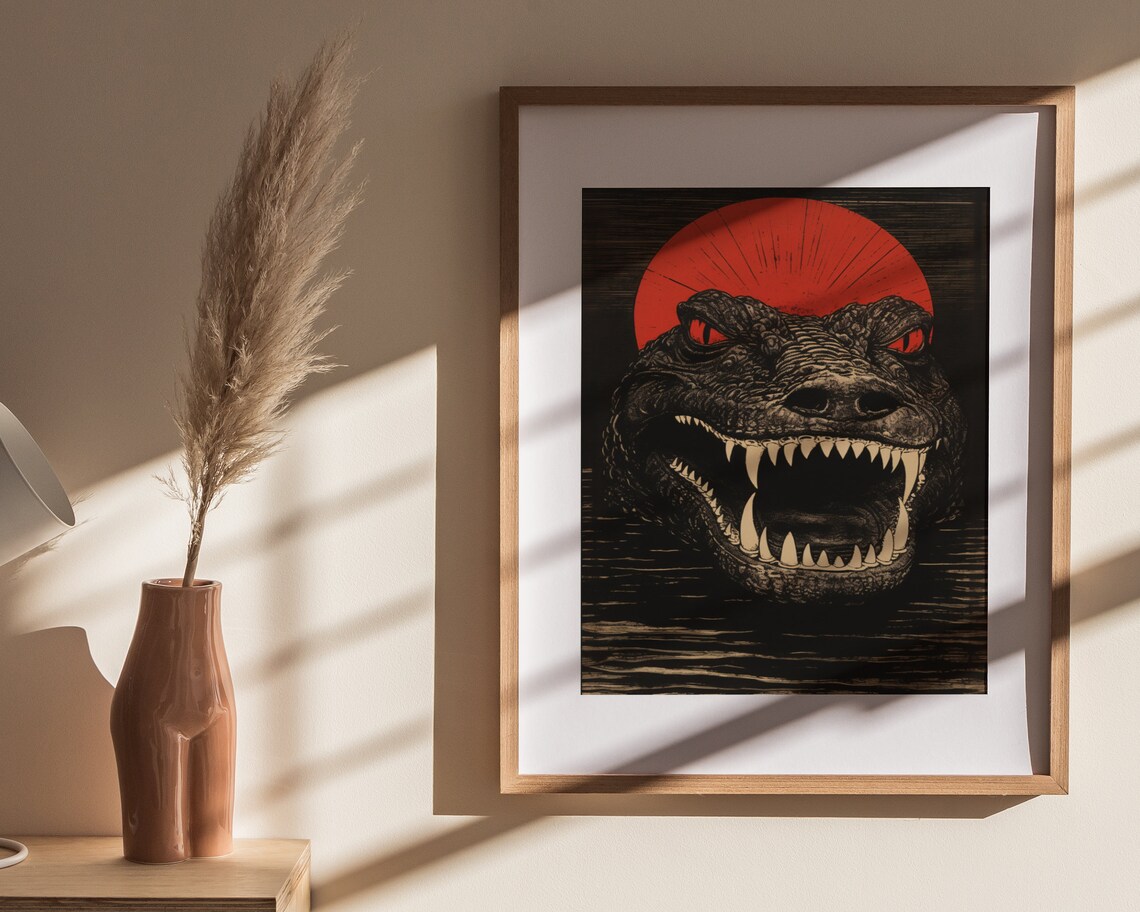 Menacing Crocodile Red Sun Japanese Woodblock Style Art Poster - Image 4