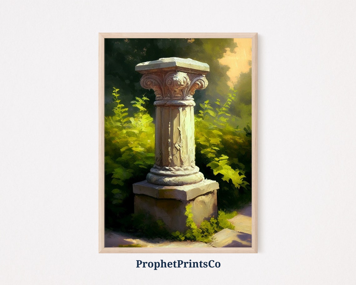 Carved Stone Column Oil Painting Classical Garden Golden Light Poster