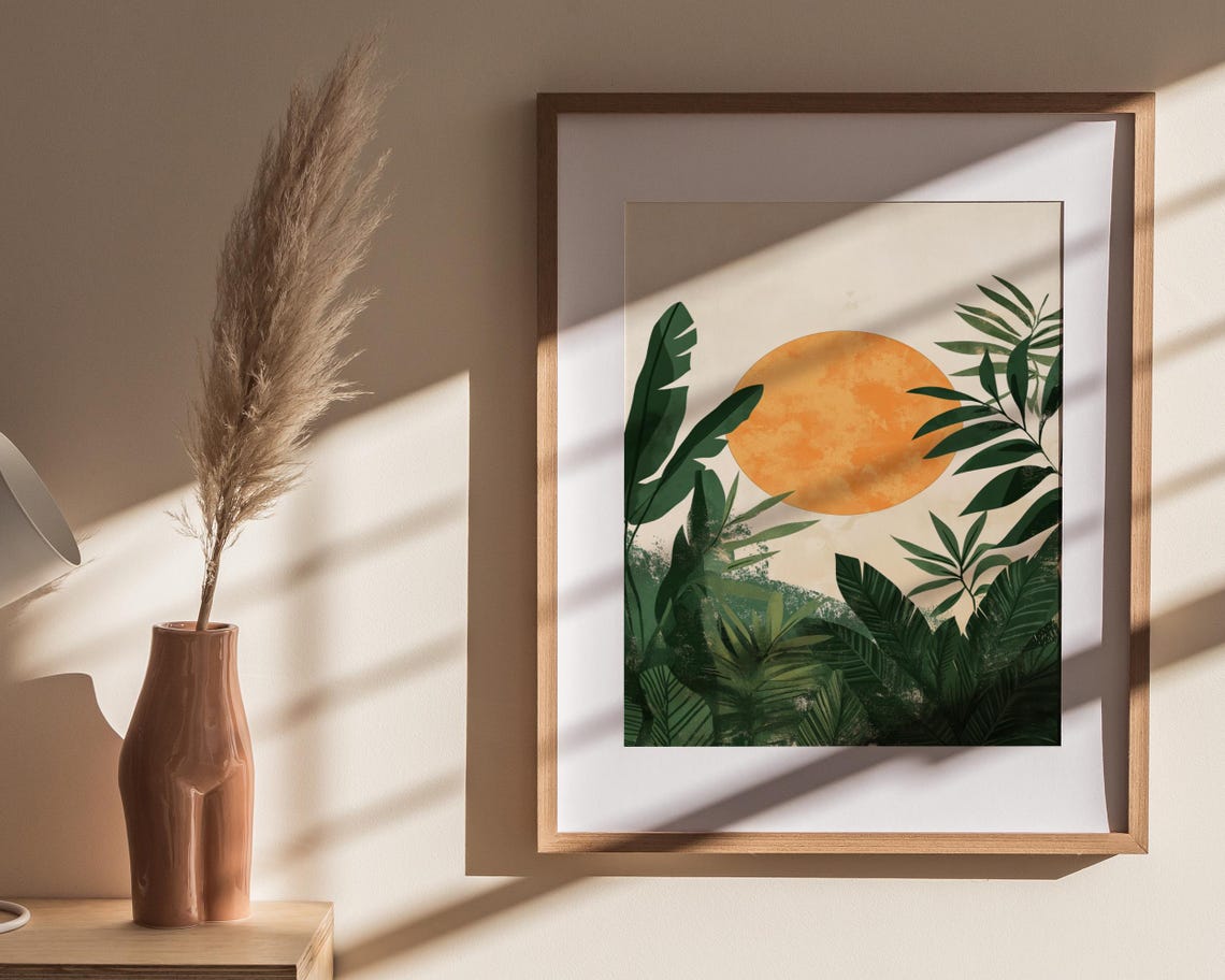 Tropical Sunset Jungle Leaves Orange Sun Modern Nature Poster - Image 4
