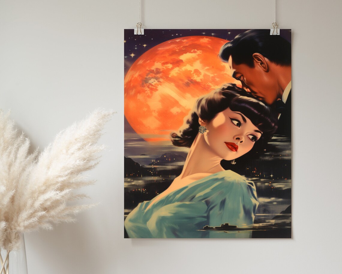Retro Japanese Romance Couple Under Giant Red Moon Art Poster - Image 2