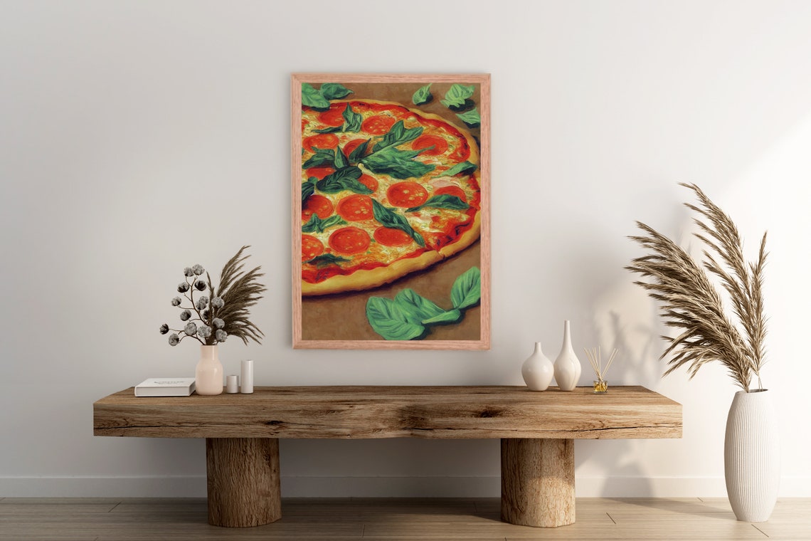Pepperoni Basil Pizza Oil Painting Italian Kitchen Food Art Poster - Image 2
