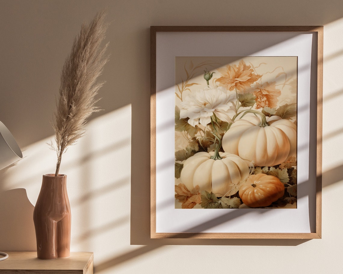 White Pumpkins And Blush Flowers Vintage Fall Botanical Poster - Image 4