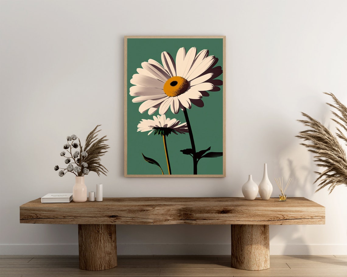 Retro White Daisy Poster Two Blossoms on Sage Green Floral Design - Image 3