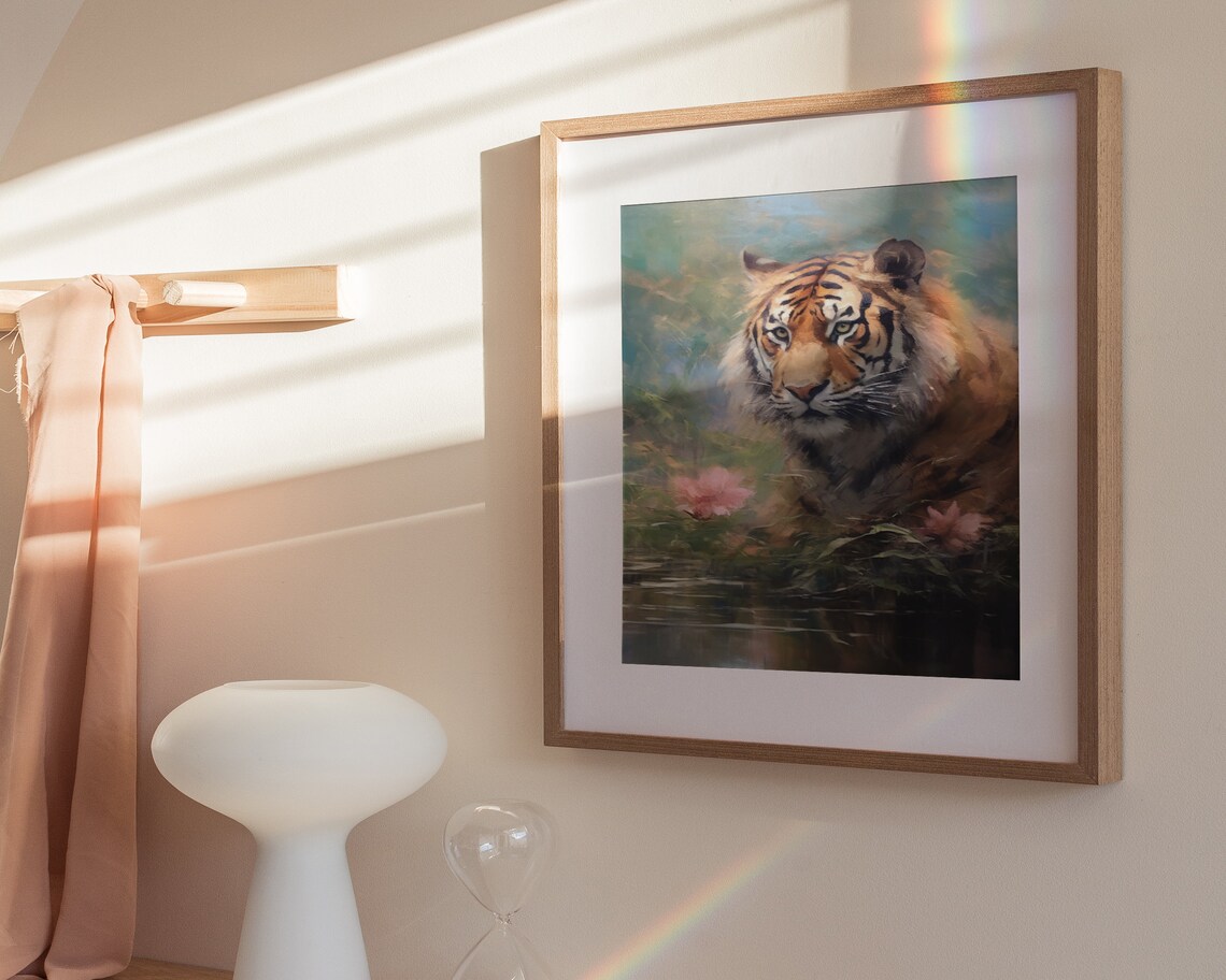 Wild Tiger at Water Edge Pink Flowers Jungle Oil Painting Poster - Image 3