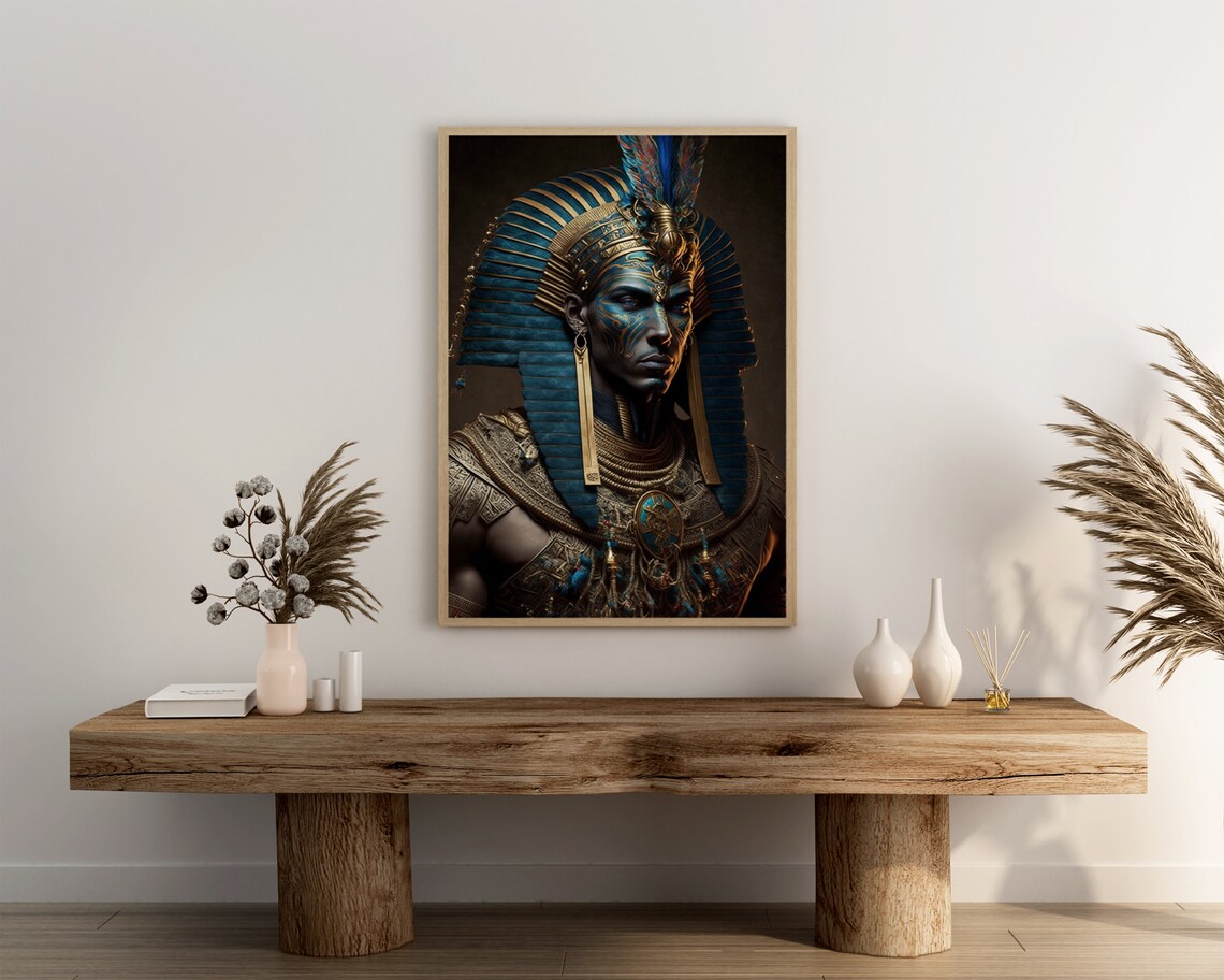 Egyptian Pharaoh With Blue Striped Nemes And Plumed Crown Poster - Image 3