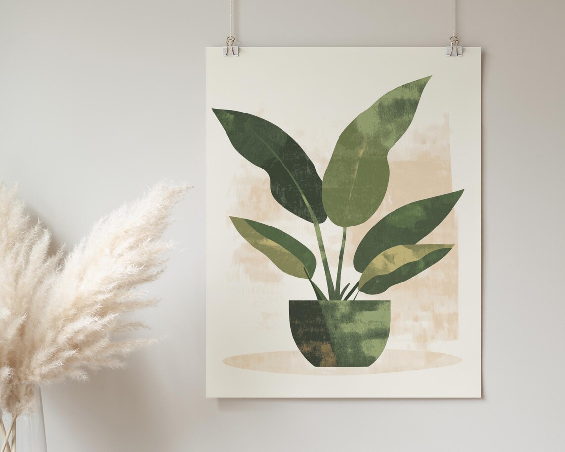Potted Plant Watercolor Broad Green Leaves Beige Wash Poster - Image 2