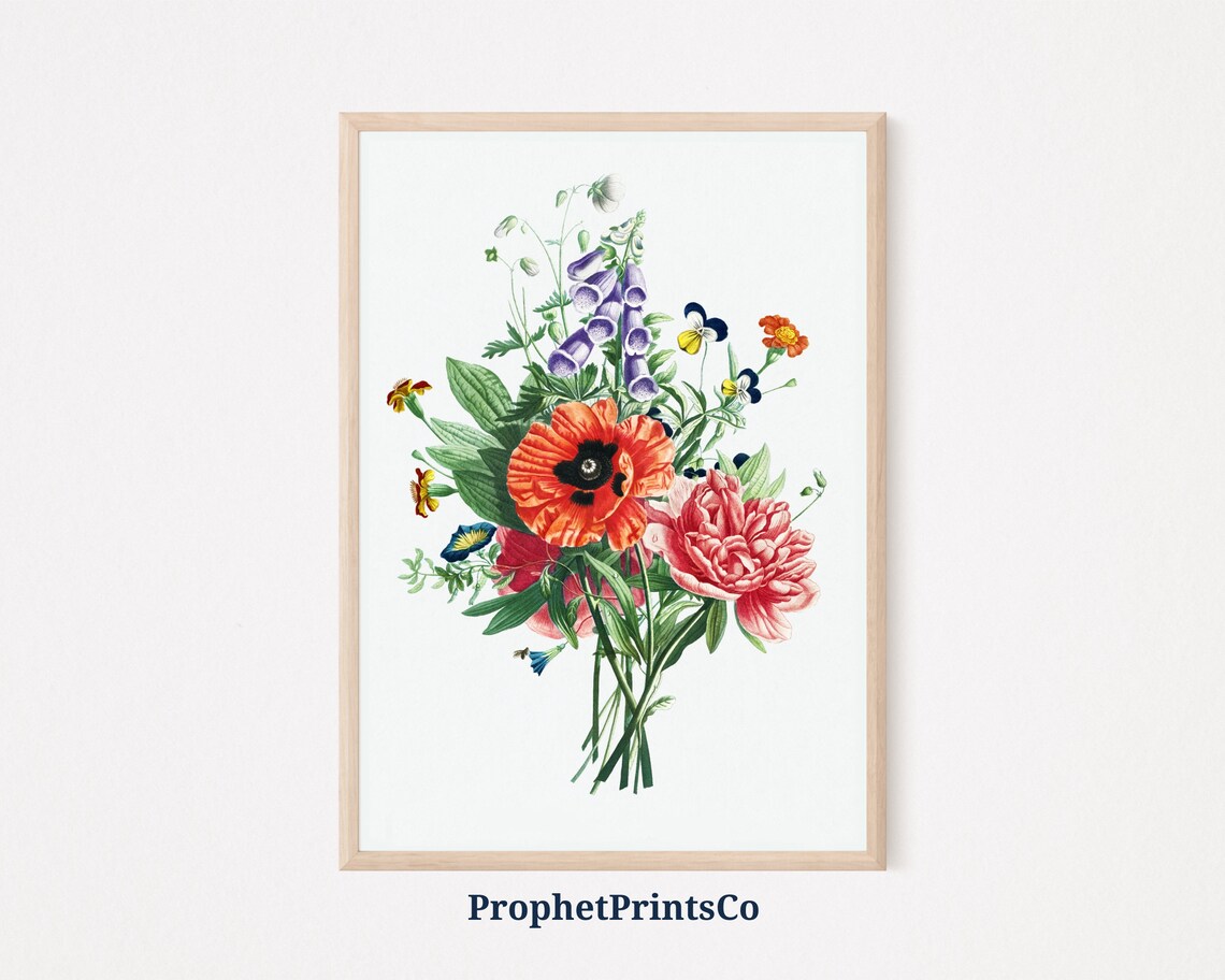 Vintage Wildflower Bouquet Botanical Poppy Peony Floral Poster